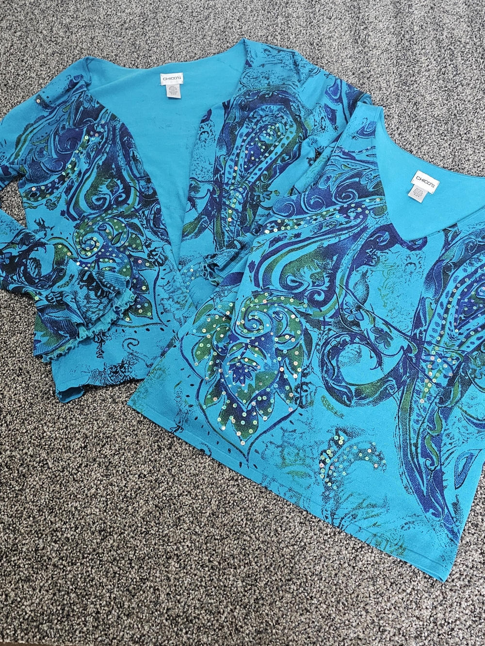 Chico's Silk Blend Paisley Knit Twin Set Cardigan Tank Top Blue Teal Sequin Sz 2